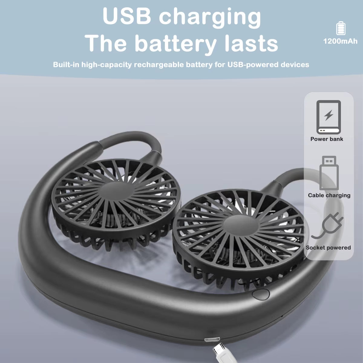 Portable Hanging Neck Fans 3-Speed Adjustable Neck Dual Fan USB Rechargeable Home Officeoutdoor Travel