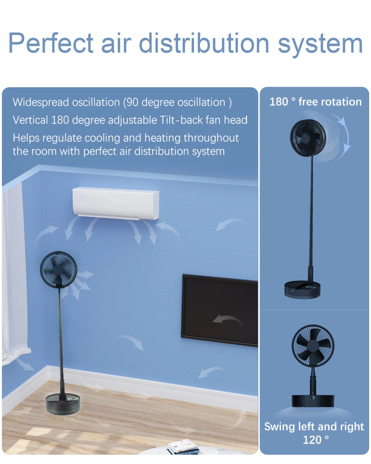Foldable Fan Foldaway Oscillating with Remote Control, 10800Mah Battery Operated Fans, Portable for Outdoor, Courtyard, Beach