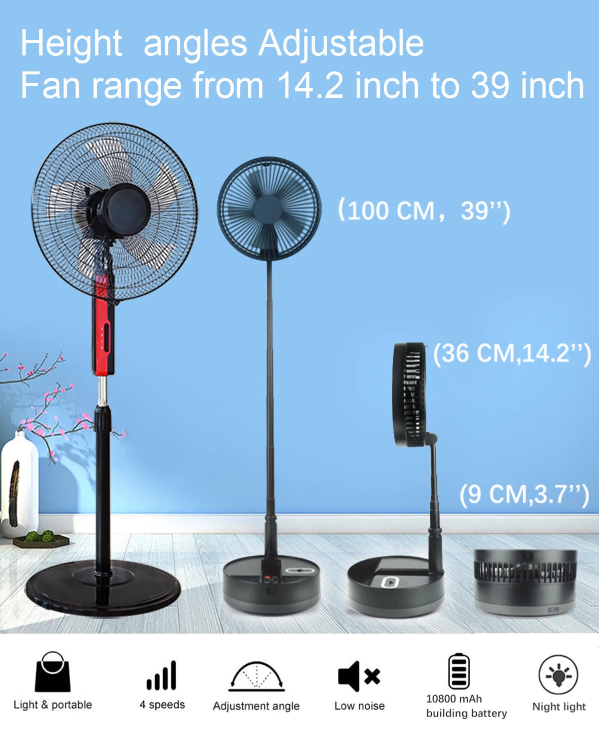 Foldable Fan Foldaway Oscillating with Remote Control, 10800Mah Battery Operated Fans, Portable for Outdoor, Courtyard, Beach
