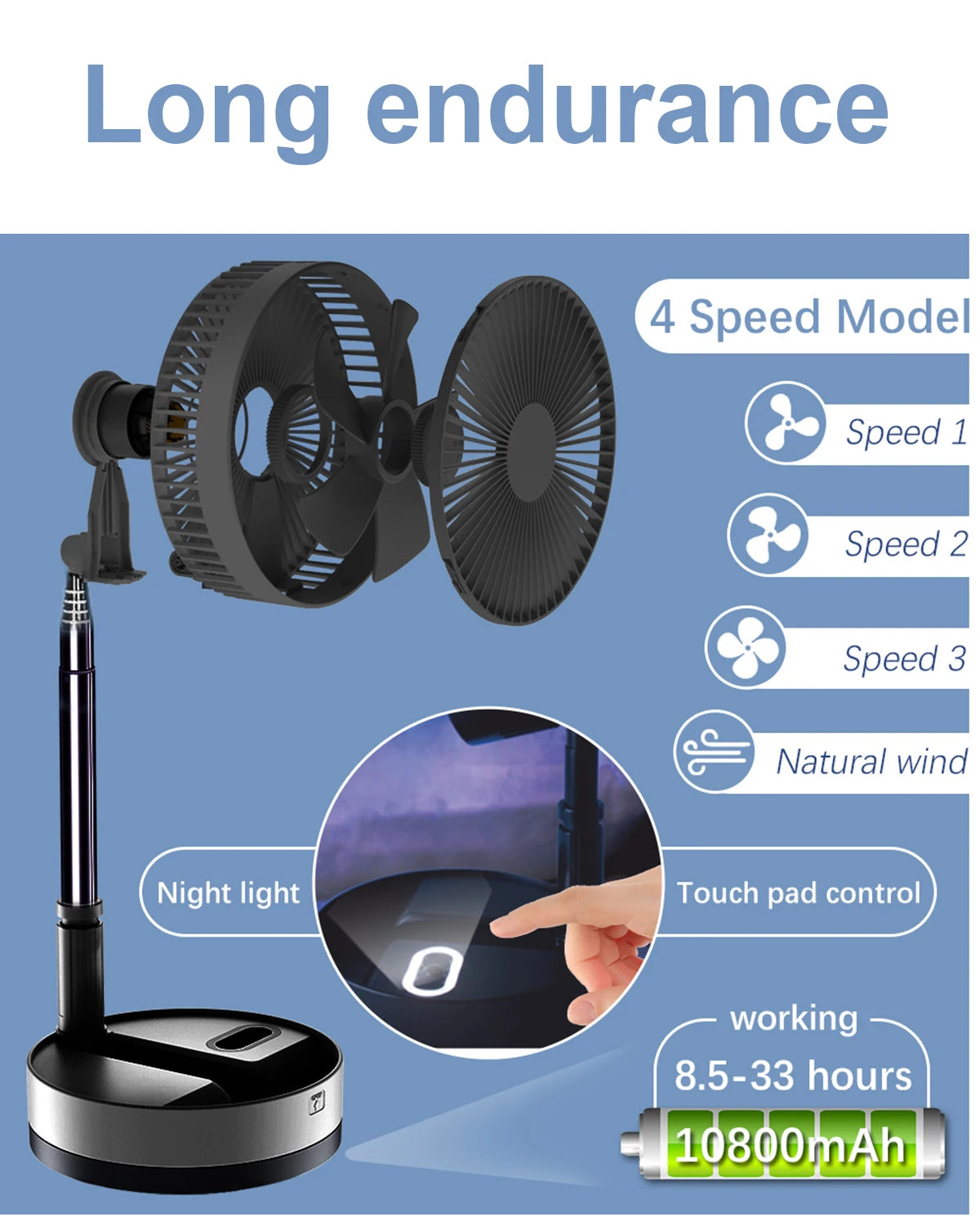 Foldable Fan Foldaway Oscillating with Remote Control, 10800Mah Battery Operated Fans, Portable for Outdoor, Courtyard, Beach